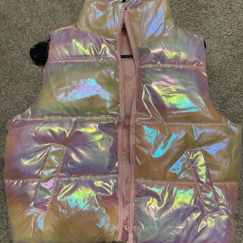 Pink Iridescent Puffer Jacket with Glossy Finish